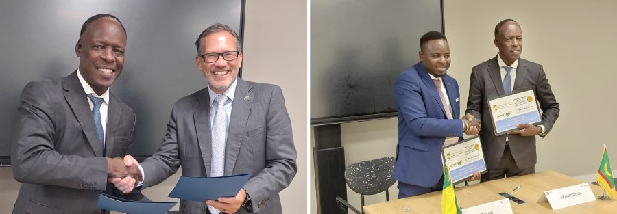 توقيع مذكرة التفاهم مع ASTM International (يسارًا) والاتفاقية الإطارية مع ANM في بنين (يمينًا)، على هامش الجمعية السنوية للمنظمة الدولية للتقييس في باريس