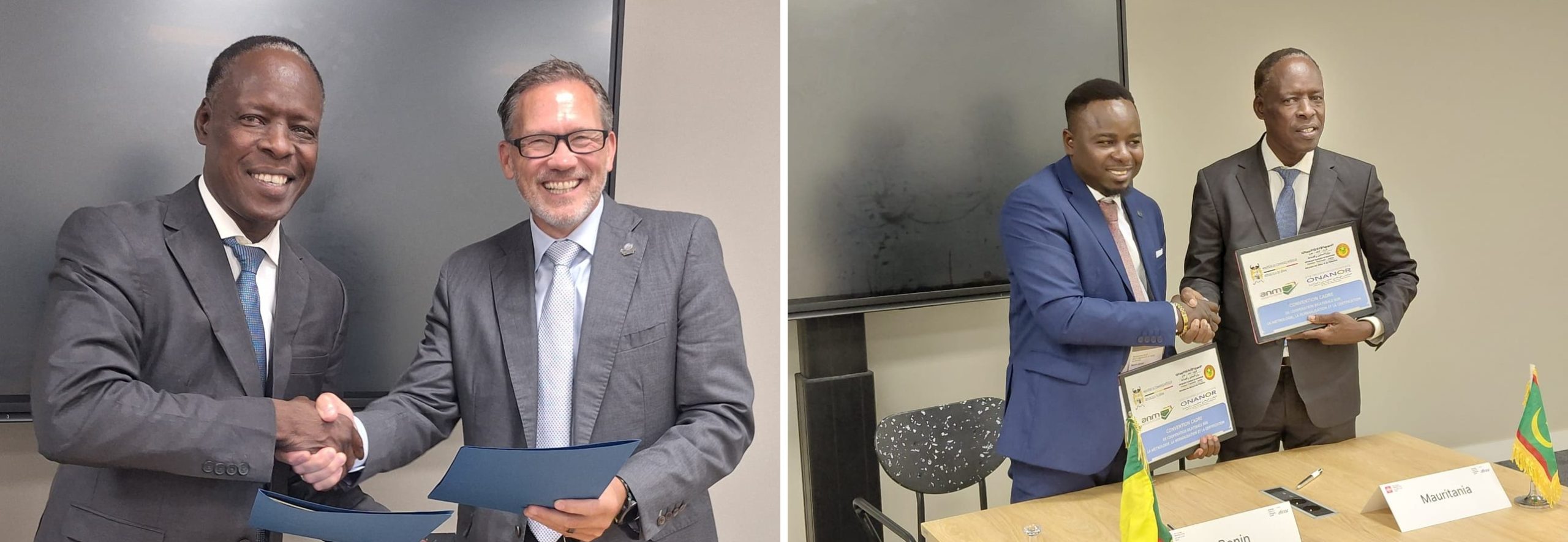 Signatures du MoU avec ASTM International (à gauche) et de la convention cadre avec l'ANM du Bénin (à droite), en marge de l'Assemblée Annuelle de l'ISO à Paris